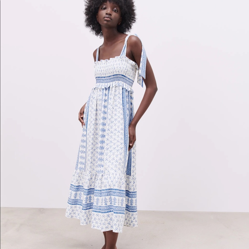 Zara Blue and White Shoulder Tie Midi Dress